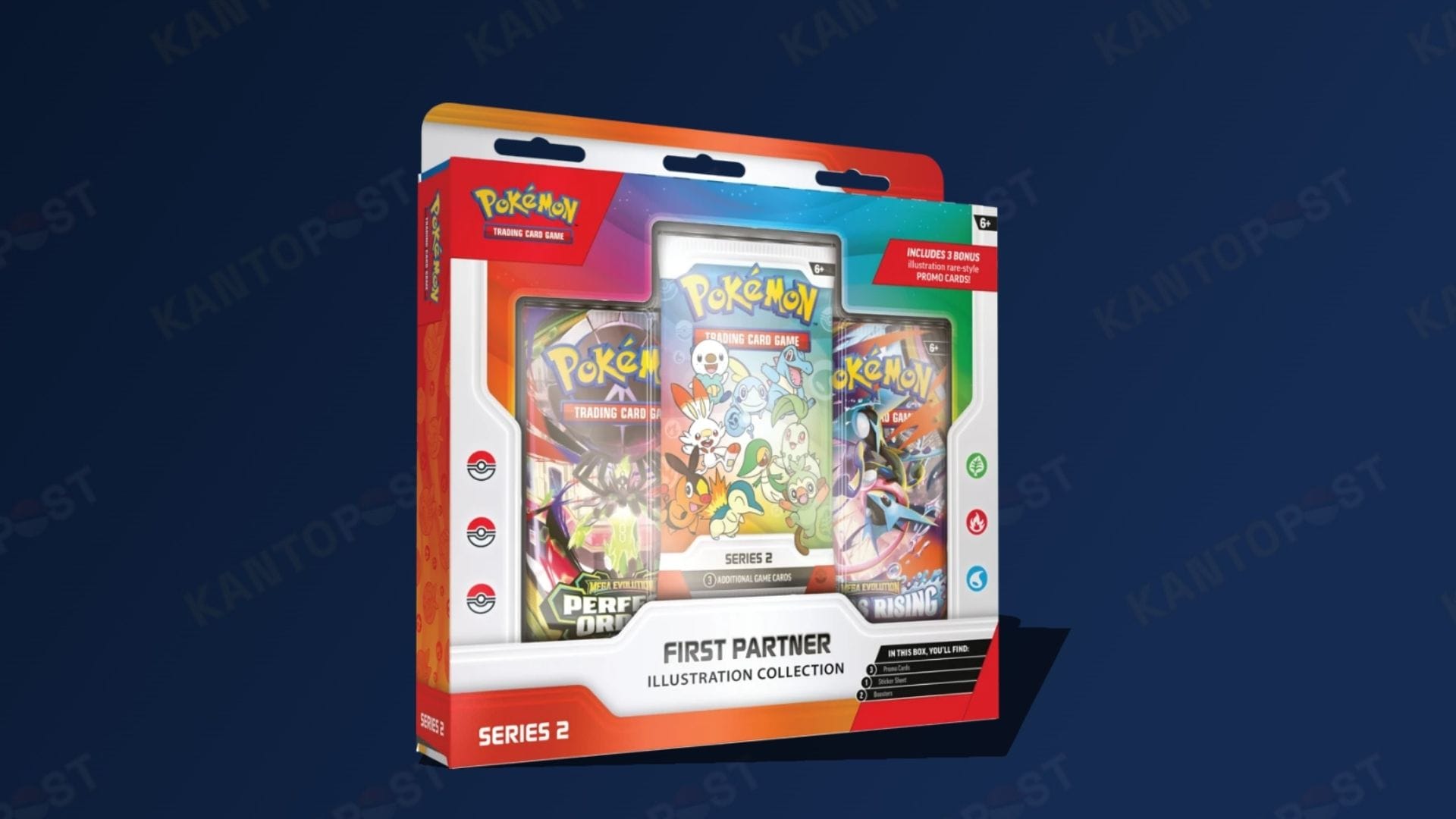 The Pokémon First Partner Illustration Collection Series 2 box in front of a blue background