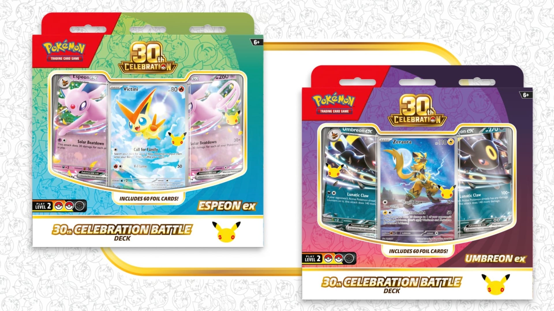 Pokémon 30th Celebration Espeon ex and Umbreon ex deck boxes