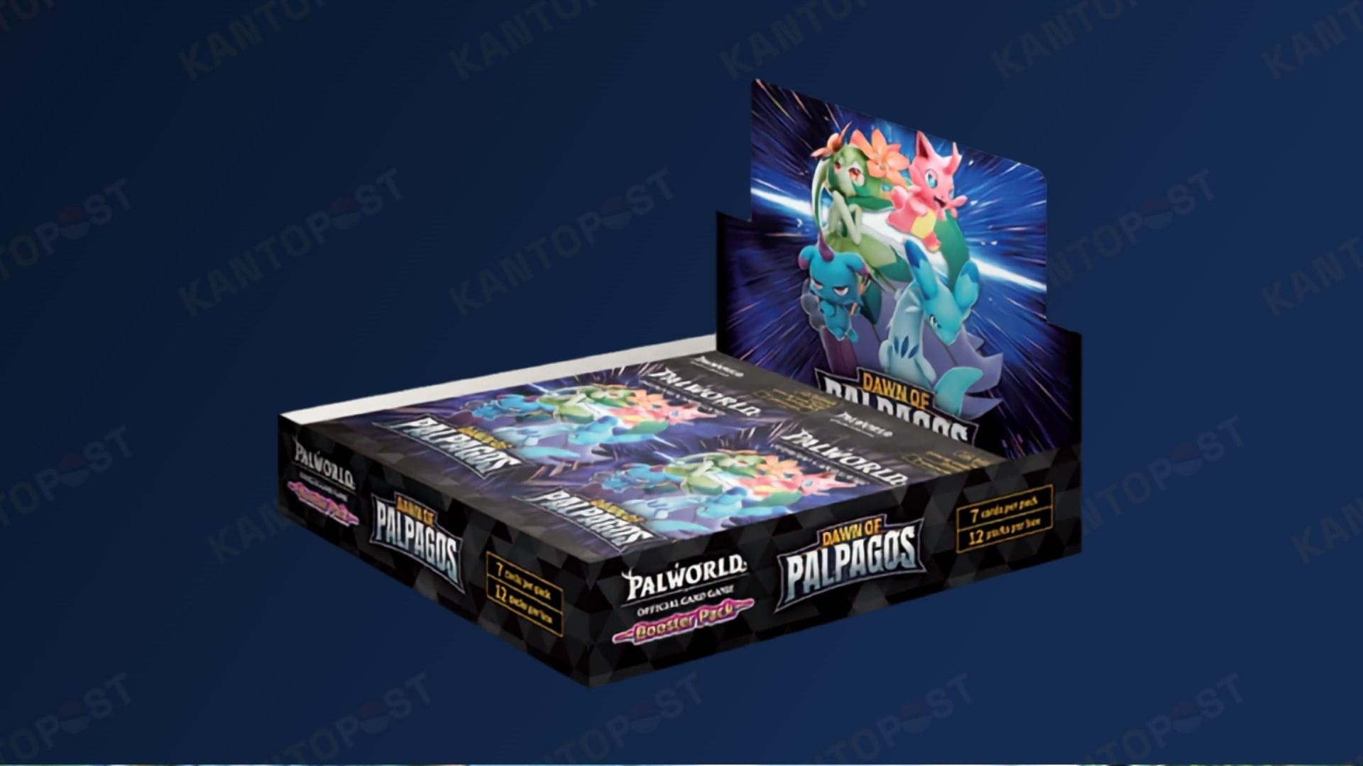 A Palworld Dawn of Palpagos booster box in front of a blue background