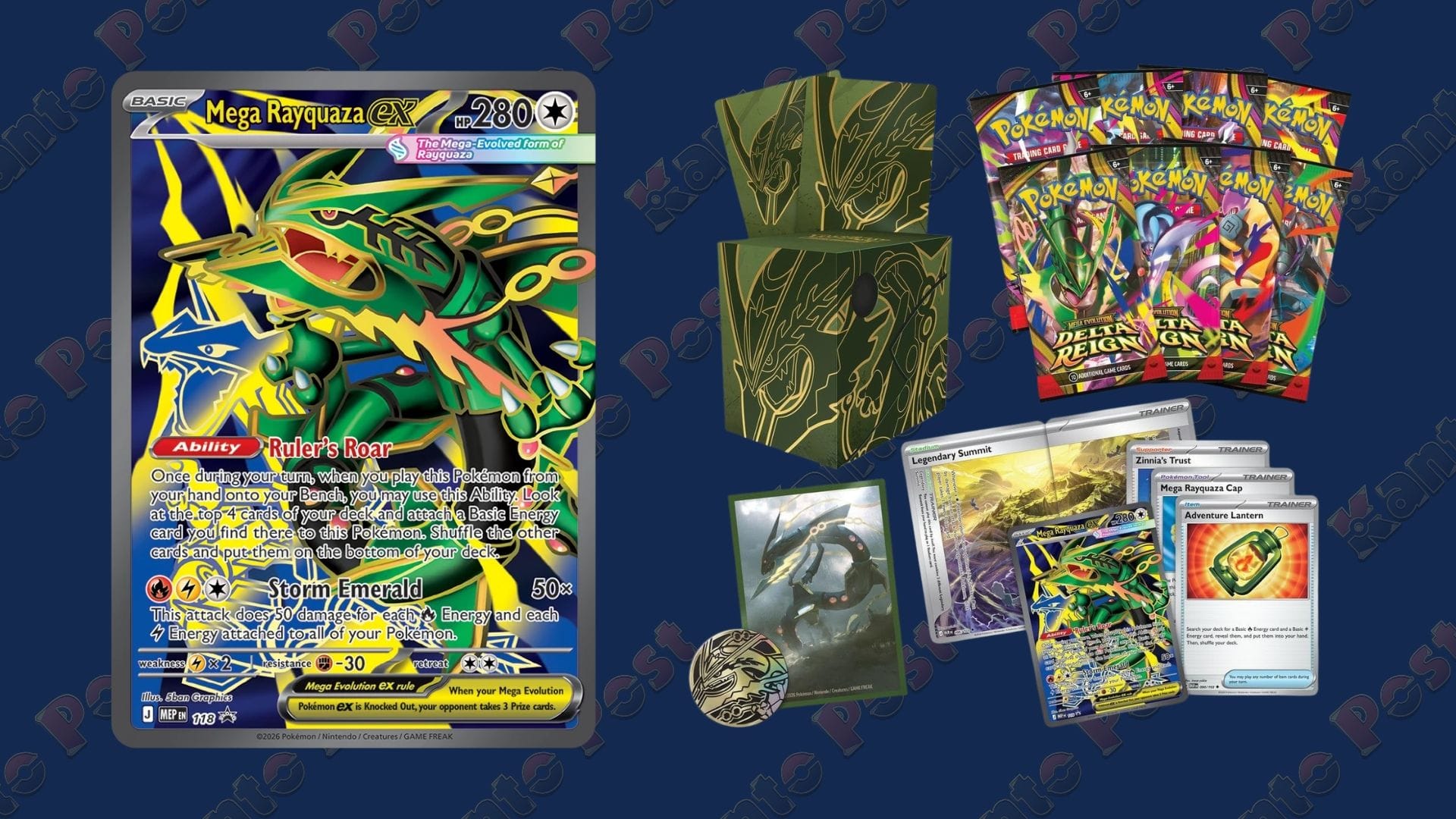 Mega Rayquaza ex Pokémon card next to the Mega Rayquaza ex tournament collection