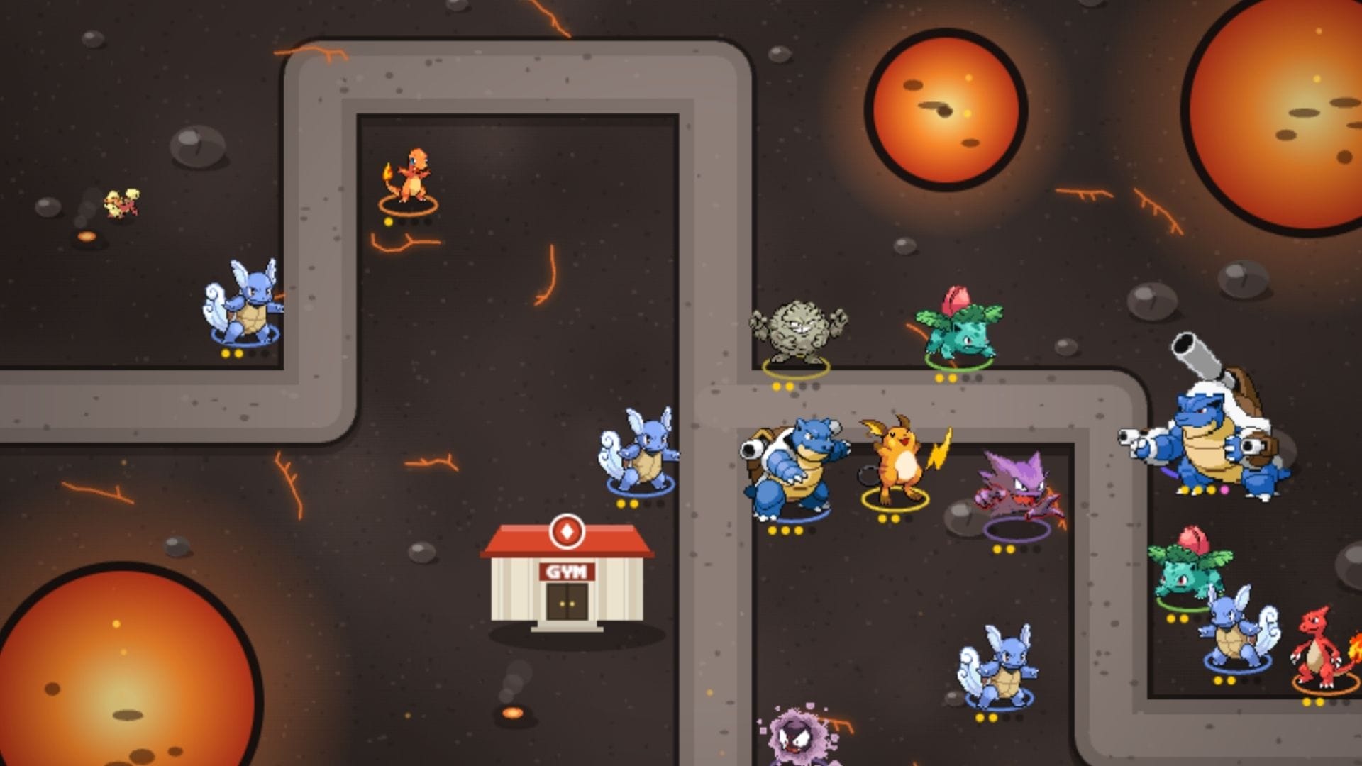 A screenshot of some Pokemon waiting near a path in PokeDefense