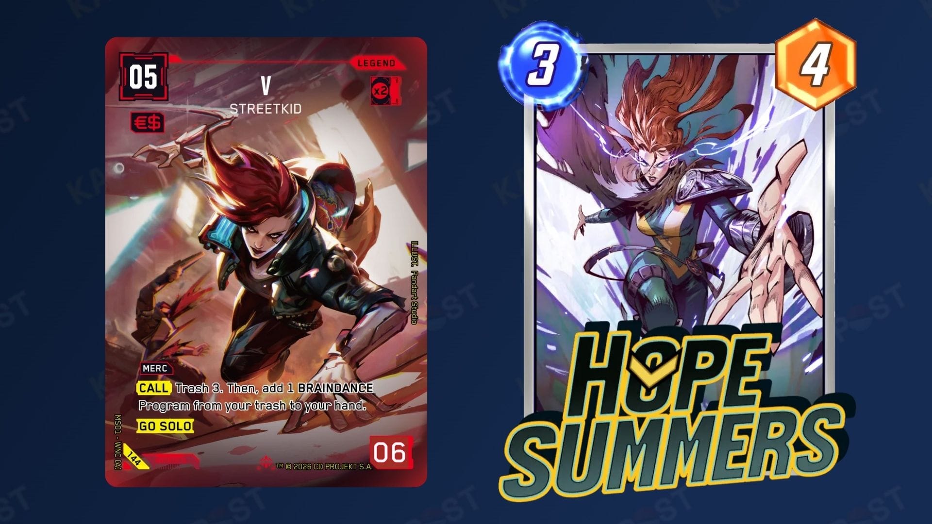 Marvel Snap’s Hope Summers Pandart variant next to the V - Streetkid Cyberpunk card