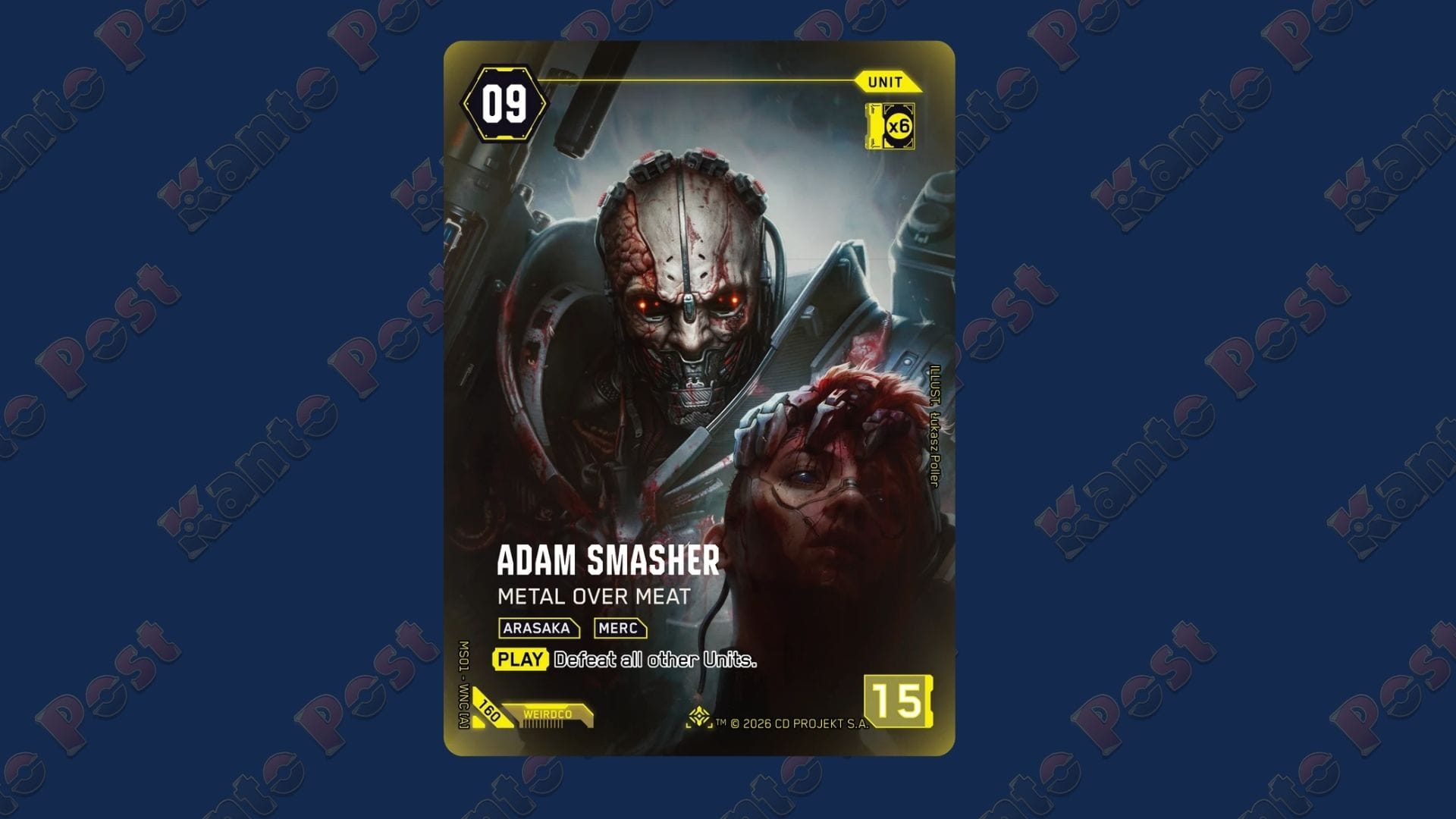 Adam Smasher Iconic Rare Cyberpunk TCG Welcome to Night City chase card in front of a blue background