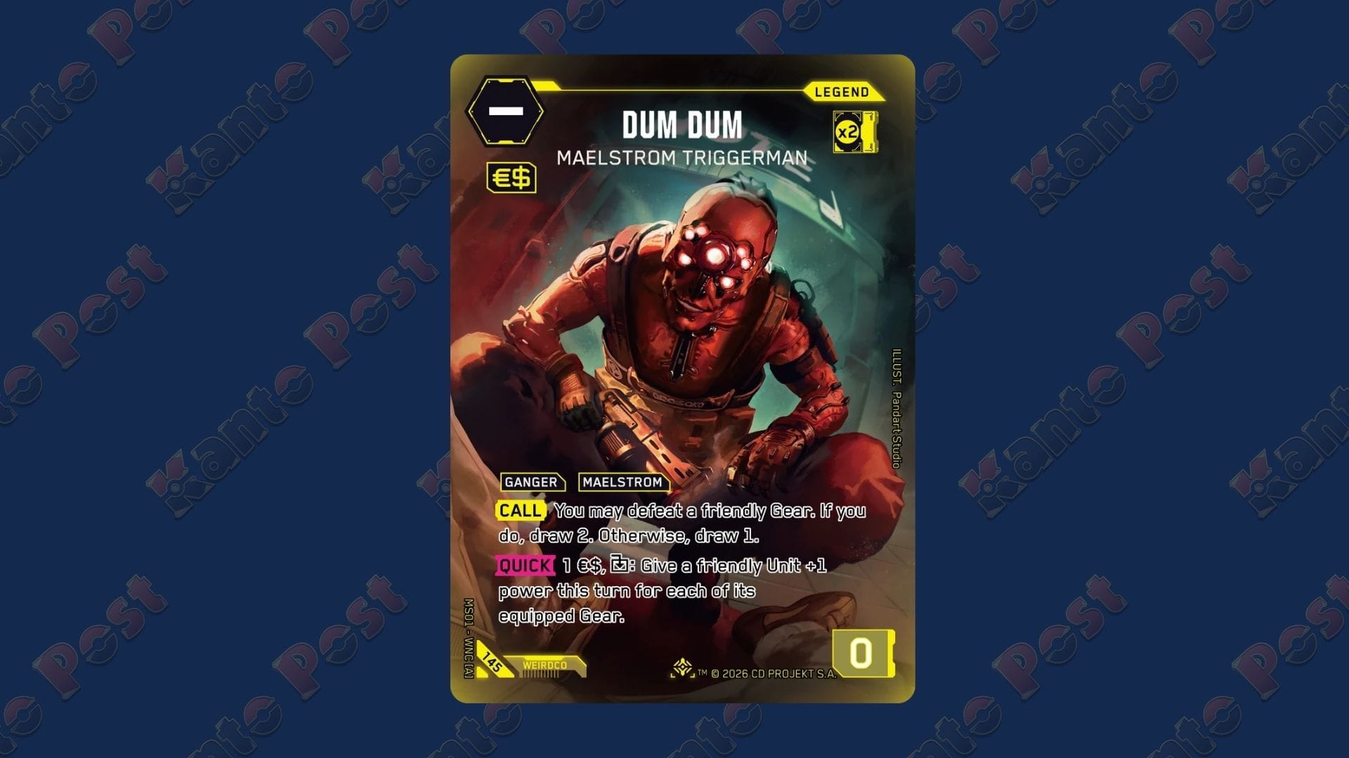 Dum Dum Iconic Rare Cyberpunk TCG Welcome to Night City chase card in front of a blue background