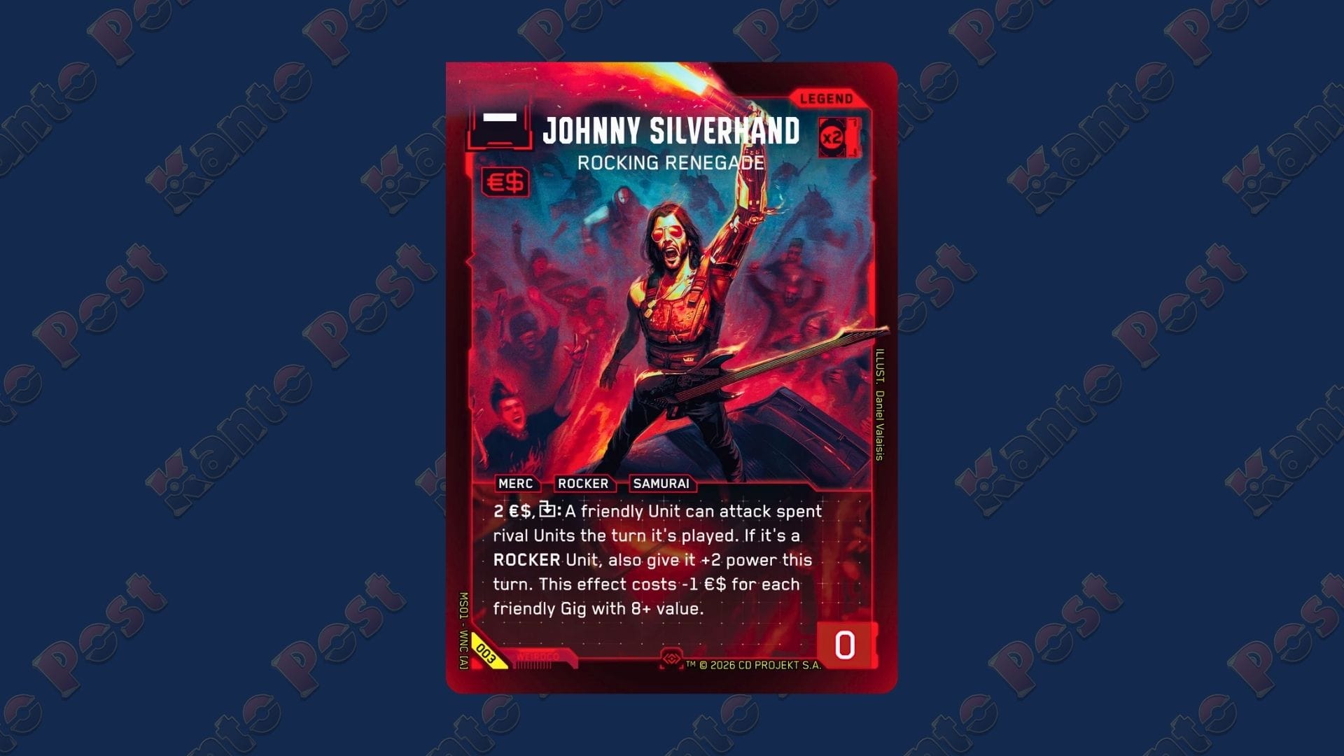 Johnny Silverhand Secret Rare Cyberpunk TCG Welcome to Night City chase card in front of a blue background