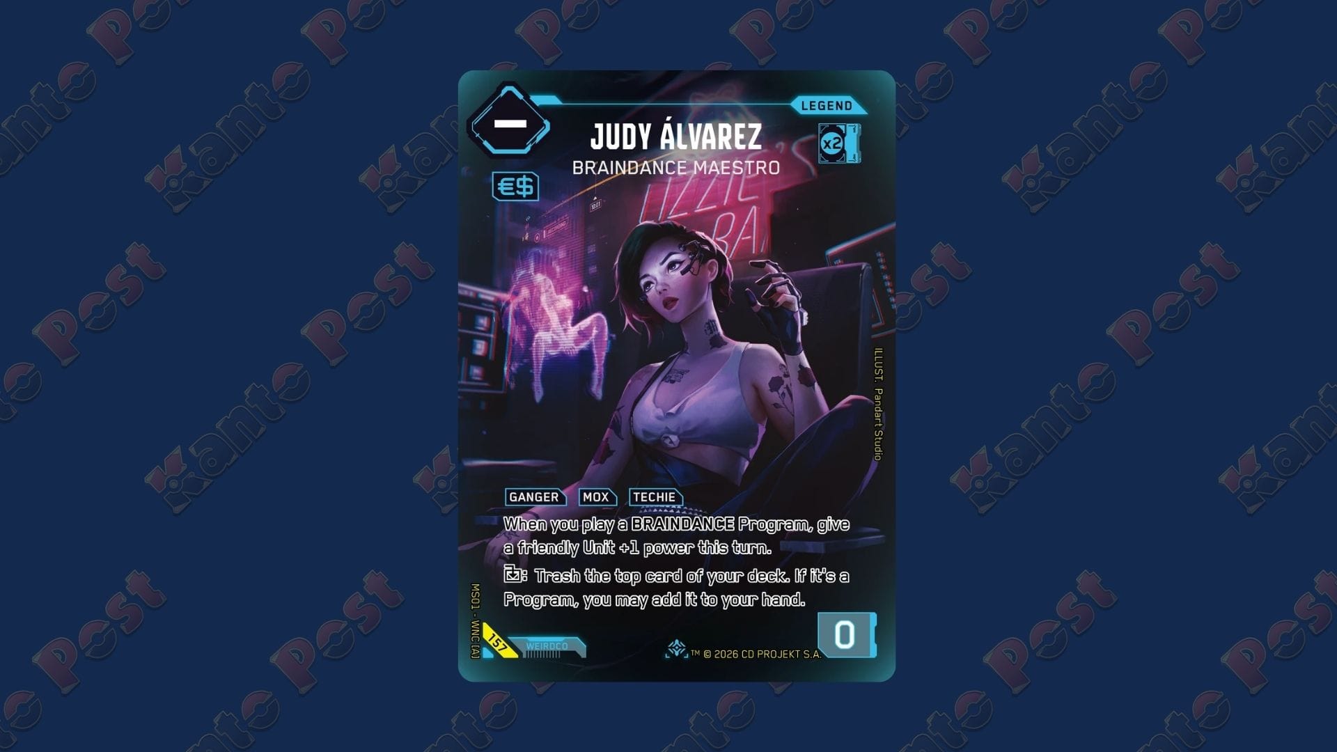 Judy Alvarez Iconic Rare Cyberpunk TCG Welcome to Night City chase card in front of a blue background
