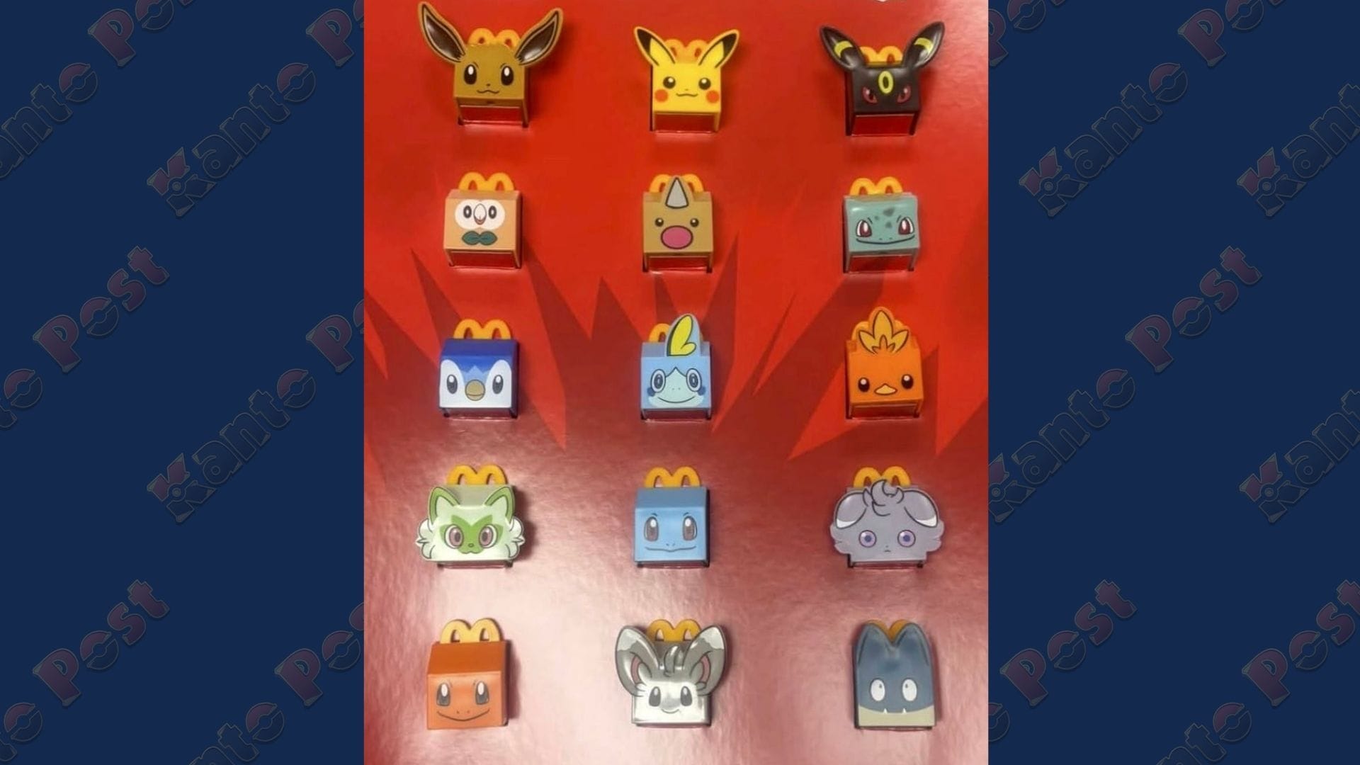 Various Pokémon TCG happy meal toy boxes in front of a Kanto Post background