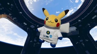 A Pikachu plush in an astronaut costume floating in the ISS in front of the Earth