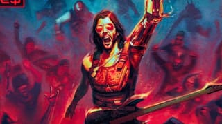 Johnny Silverhand holding his arm up with a guitar in Cyberpunk TCG Welcome to Night City chase card