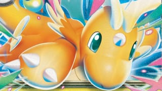 A close up of the artwork on a Mega Dragonite ex Pokémon card from a Pokémon TCG special deck collection
