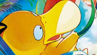 A close up of the artwork of Psyduck holding a beach ball on the Simplified Chinese Misty's Psyduck Pokemon card in Gem Pack Vol. 7